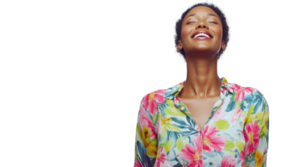 Young woman leaning head back and smiling with eyes closed on transparent background