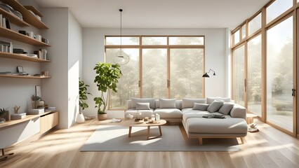 Modern living room with large windows, cozy seating, and indoor plants.