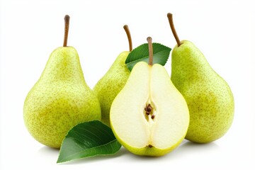 Fresh Green Pears with Leaf and Half Pear on White Background Delicious and Healthy Food