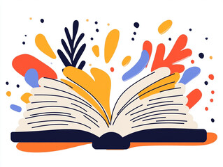 An artistic illustration of an open book with colorful splashes representing creativity and knowledge.