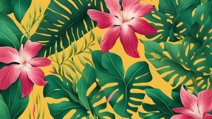 A vibrant tropical pattern featuring pink flowers and lush green leaves on a yellow background.
