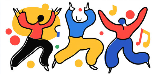 Obraz premium Colorful illustration of joyful dancers expressing happiness through movement, filled with energy and vibrant colors.