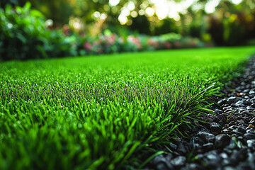 A close-up shot of thick, green grass blades densely packed together, showcasing a vibrant, healthy lawn in its prime.