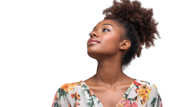 Young woman looking up with transparent background showing hope and faith