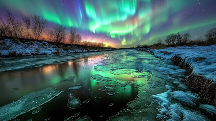Stunning aurora borealis illuminates a tranquil river landscape at twilight, reflecting vibrant colors