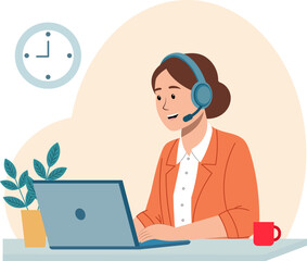 Illustration of a female customer service representative working at a desk. She is typing on a laptop.