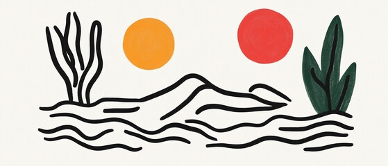 Naklejka premium Minimalistic illustration of mountains and plants under two vibrant suns, evoking a serene outdoor atmosphere.
