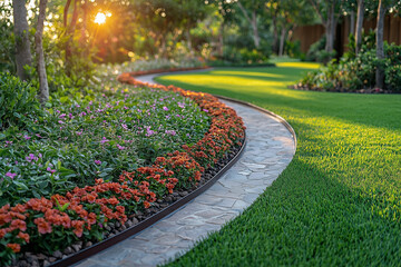 Decorative metal lawn edging creating a clear separation between the garden bed and the lawn, highlighting the neat, manicured outdoor area.
