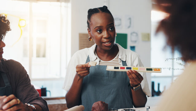 Woman, pottery and class with sample, color palette and teaching for craft, art and sculpture tutorial. Person, coach and learning with clay, design and group with paint at lesson with creativity