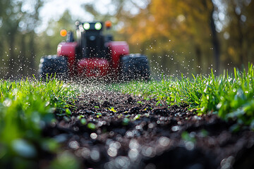 A lawn aerator machine working on the grass, creating small holes in the soil to enhance oxygen flow and improve soil health.