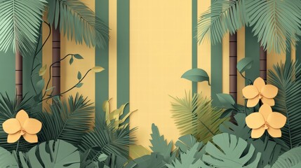 Vibrant Tropical Foliage Background with Bamboo and Yellow Orchids, Perfect for Nature-themed Designs, Wallpapers, or Creative Projects.