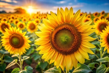 Fototapeta premium Golden sunflowers in picturesque field at sunset stunning floral scene