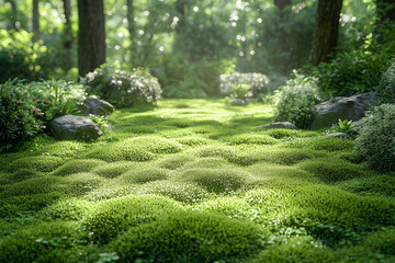 Moss growing in shaded areas of the lawn, covering patches of grass and giving a soft, green appearance to the yard.