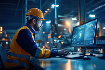 construction engineer wearing hard hat and safety vest works on computer with futuristic dashboards in modern industrial setting, illustrating integrated AI solutions