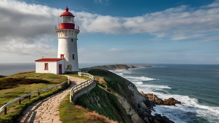 Obraz premium A dreamy coastal cliffside with a winding path leading to a historic lighthouse overlooking the vast ocean