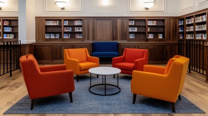 Cozy reading nook with colorful chairs in a modern library setting