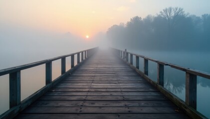 Fototapeta premium Mist wraps around the wooden planks of the bridge, misty, mist, tranquil