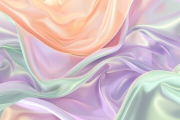 Obraz premium Soft waves of futuristic fabric in calming lavender, peach, and mint hues a trendy abstract background ideal for contemporary visuals.