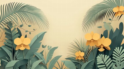 Vibrant Tropical Foliage with Yellow Orchids on Soft Beige Background – Perfect for Nature Projects and Artistic Designs
