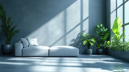 Modern minimalist living room with a cozy white sofa, large windows, and lush green plants