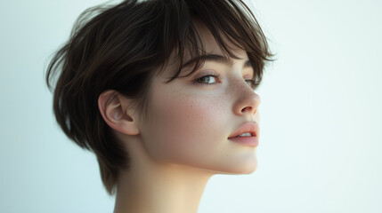 そばかすのあるショートヘアの透明感のある女性の横顔
