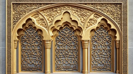 Beautiful gold Arabic window with traditional Islamic geometric patterns, door frame with ornate arches and intricate architectural elements 