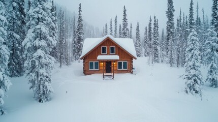 Snowy Cabin Surrounded by Frosty Pine Trees in Winter Wonderland