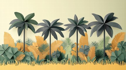 Vibrant Tropical Illustration with Palm Trees and Lush Foliage - Perfect for Nature Backgrounds and Creative Design Projects