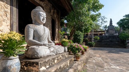 Obraz premium Buddha statue in ancient temple courtyard