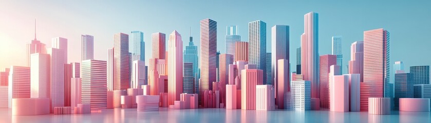 A vibrant city skyline with modern skyscrapers reflecting soft pastel colors in a serene atmosphere.