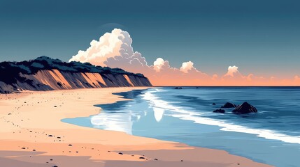 Serene coastal landscape at sunset with gentle waves lapping at the sandy shore