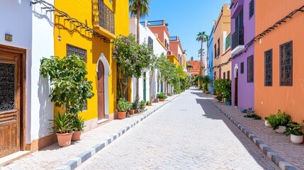 Obraz premium Colorful street, sunny day, plants, cobblestone road, travel destination