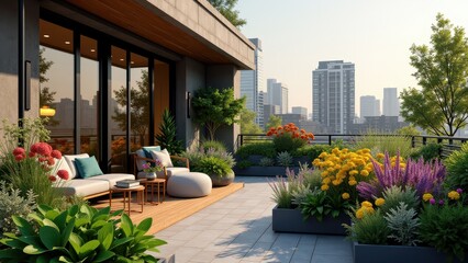 Fototapeta premium Rooftop garden with colorful flowers, greenery, lounge seating, and city skyline 