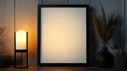 A black photo frame with a glossy finish, displayed on a modern cabinet with soft lighting