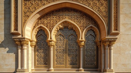 Obraz premium Elegant gold Arabic window with traditional geometric patterns, ornate door frame with Arabic arches and architectural details
