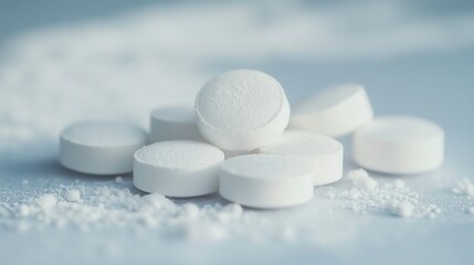 Pill Prescription: Close-up macro shot of white round pills scattered on a blue surface, representing healthcare, medicine, and pharmaceuticals.