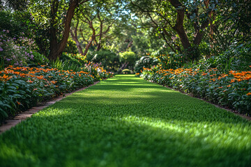 Obraz premium A beautifully maintained green lawn in a backyard garden, surrounded by trees and flowers, creating a peaceful outdoor space.