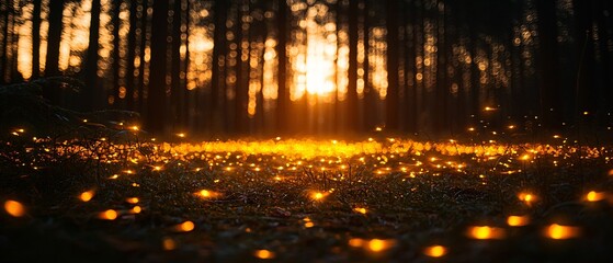 Enchanted Sunset Over Glowing Fireflies In Serene Forest Scene