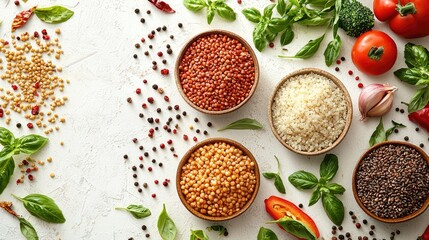 Colorful assortment of grains and vegetables arranged on a textured surface with herbs
