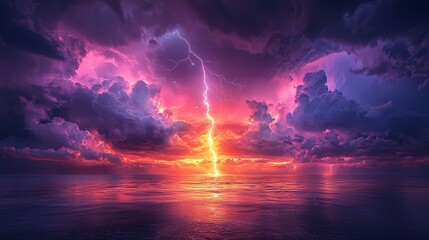 Dramatic Sunset with Lightning Above Calm Ocean Waves and Clouds