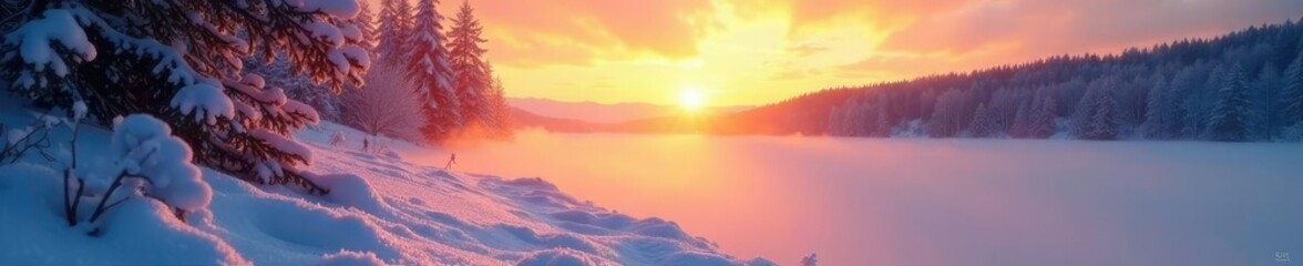 Obraz premium Soft sunset light filters through the mist of melting snow, snow, serene