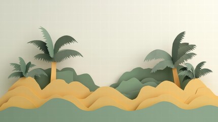 Vibrant Tropical Landscape with Palm Trees and Layered Mountains in a Playful Paper Cut-Out Style – Perfect for Summer and Vacation Themes