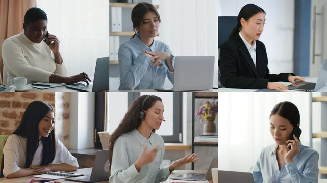 A diverse group of professionals engages in virtual meetings, discussing ideas and strategies from their respective workstations in a contemporary office environment.