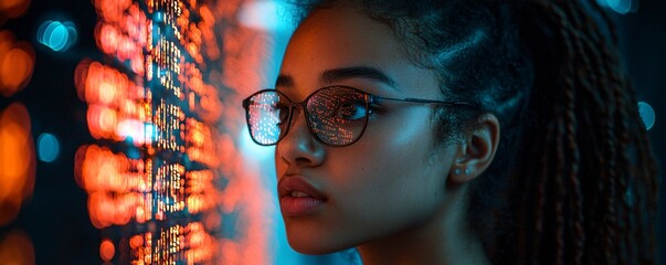 Young Woman in Glasses Observing Digital Information at Night