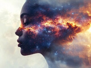 Cosmic Woman Profile with Galaxy Elements and Nebula Background