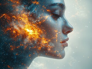 Ethereal Profile of Woman Merging with Cosmic Nebula and Stars