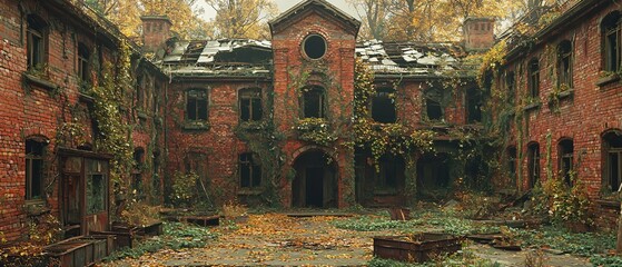 Abandoned Red Brick Building Surrounded by Overgrown Wilderness