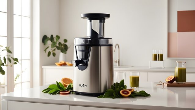 A sleek and modern Hurom Juicer, a cold-press juicer with a stainless steel body and a subtle matte finish, sits atop a clean and minimalist white countertop, surrounded by fresh green leaves and slic