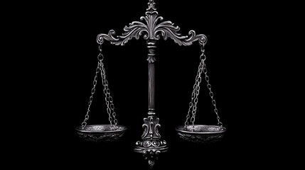 Ornate scales of justice on black background, legal concept