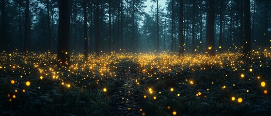 Enchanted Forest with Glowing Fireflies at Dusk and Misty Atmosphere